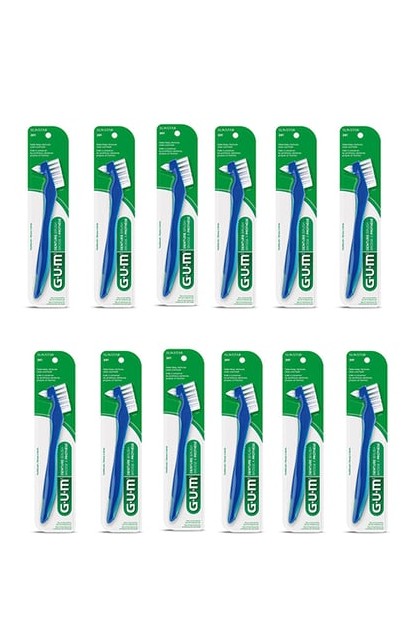 GUM Denture Brush - Flat Trim and Firm Bristles, *CLEARANCE* 12/Bx. Short Handle with Lever - by BUTLER